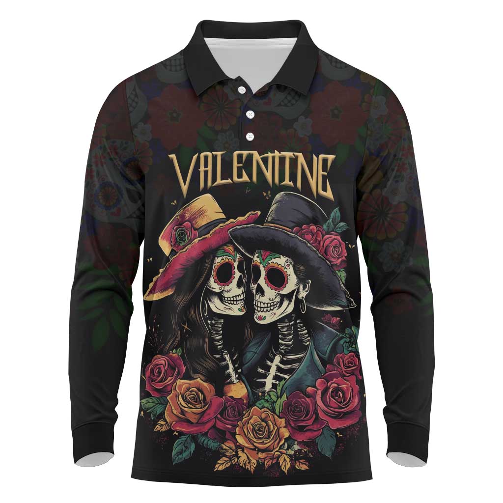 Personalised Sugar Skull Couple Valentine Long Sleeve Polo Shirt Roses Romantic Love