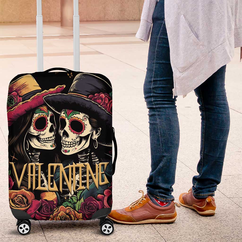 Sugar Skull Couple Valentine Luggage Cover Roses Romantic Love