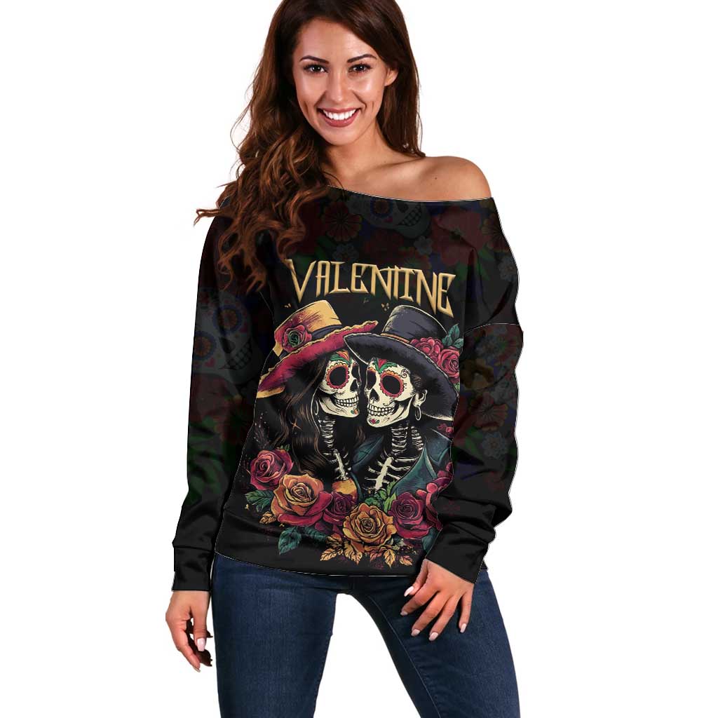 Personalised Sugar Skull Couple Valentine Off Shoulder Sweater Roses Romantic Love