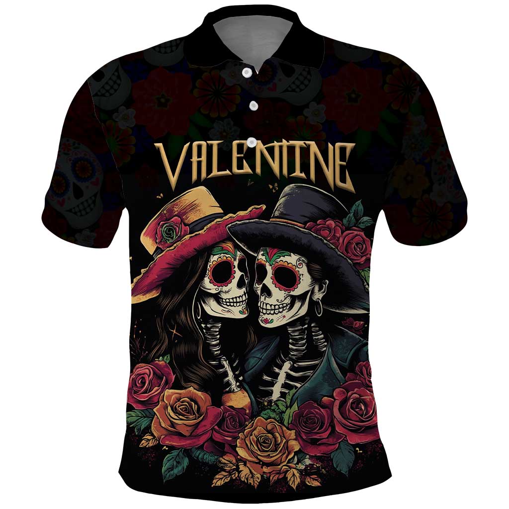 Personalised Sugar Skull Couple Valentine Polo Shirt Roses Romantic Love