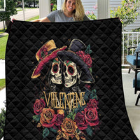 Black quilt with quilted pattern and couple skull graphic, roses and “Valentine” text