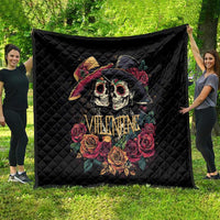 Black quilt with couple skull graphic and colorful roses, “Valentine” centered design