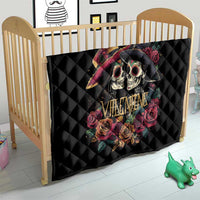 Black quilt on crib featuring couple skull graphic with colorful roses and “Valentine” text
