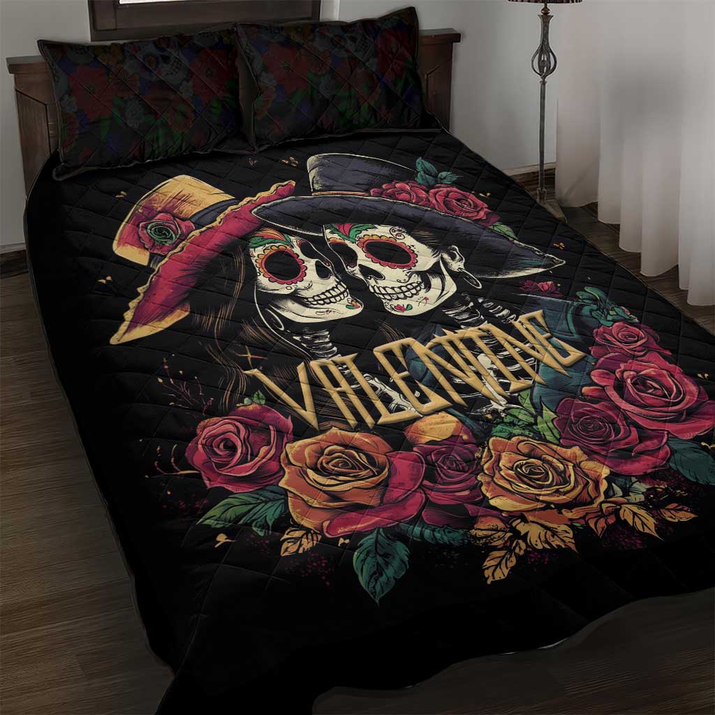 Sugar Skull Couple Valentine Quilt Bed Set Roses Romantic Love