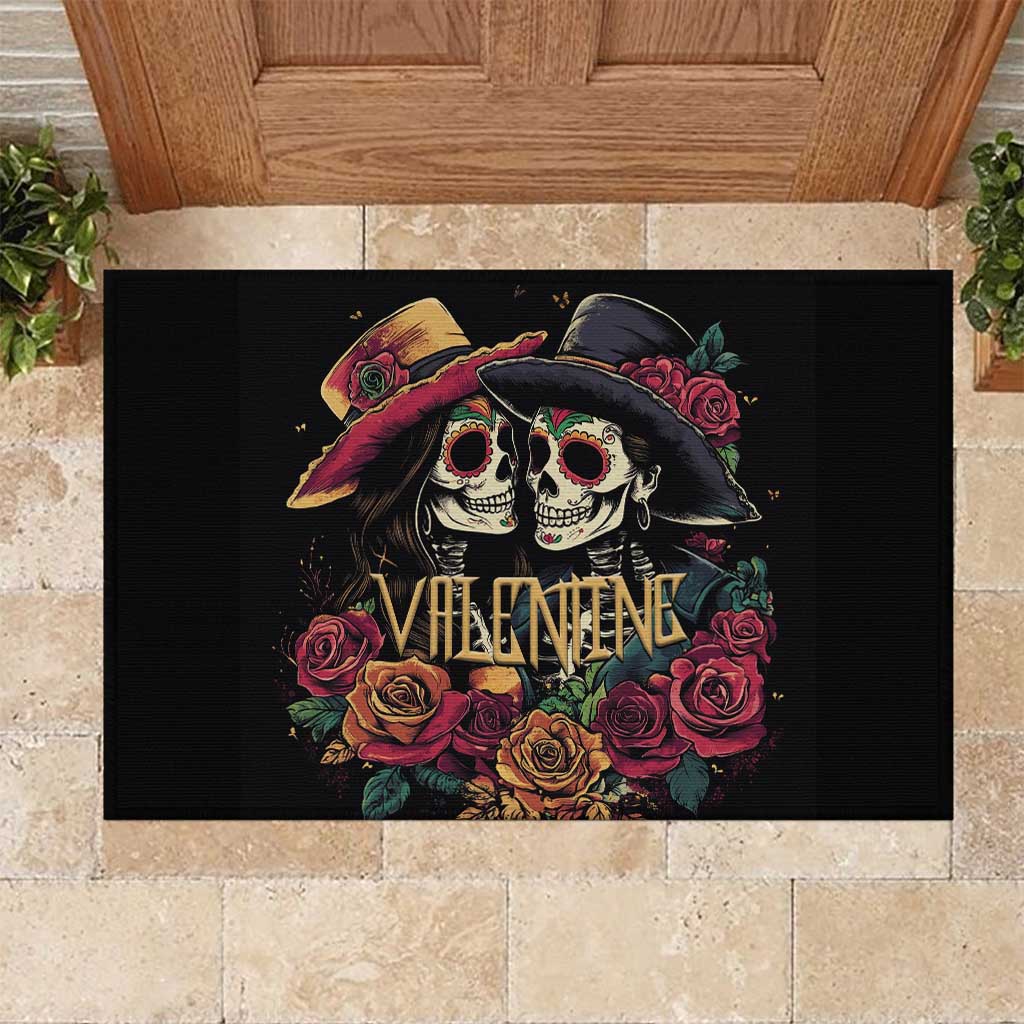 Sugar Skull Couple Valentine Rubber Doormat Roses Romantic Love