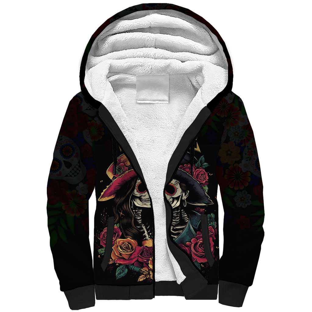 Personalised Sugar Skull Couple Valentine Sherpa Hoodie Roses Romantic Love