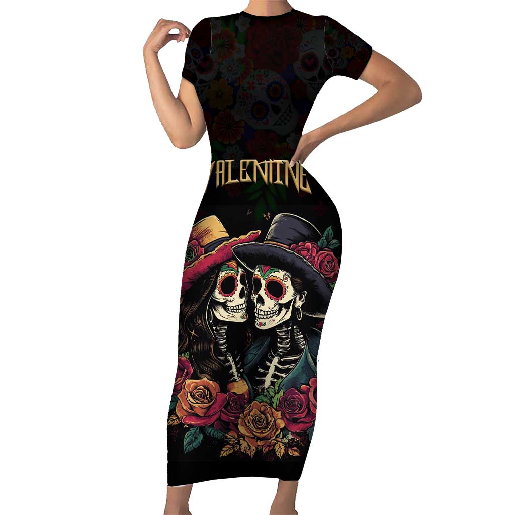 Personalised Sugar Skull Couple Valentine Short Sleeve Bodycon Dress Roses Romantic Love