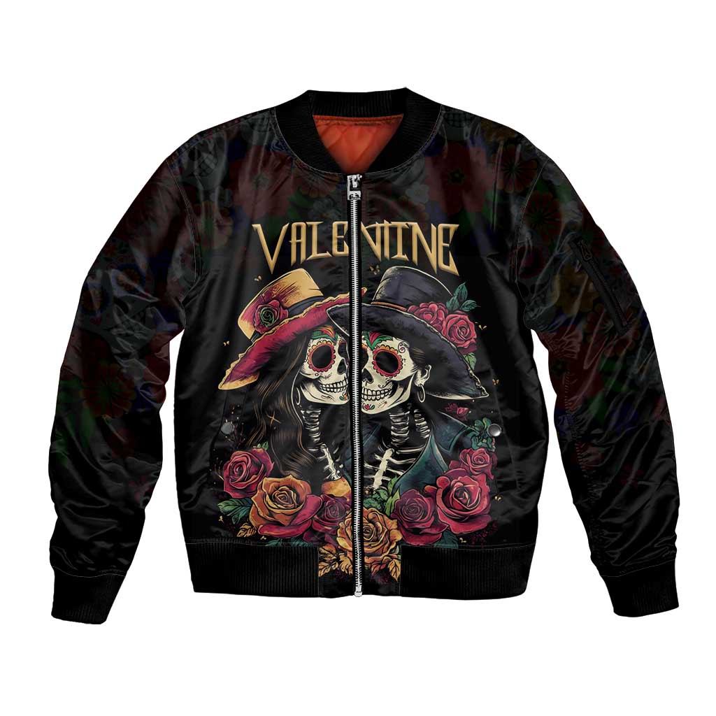 Personalised Sugar Skull Couple Valentine Sleeve Zip Bomber Jacket Roses Romantic Love