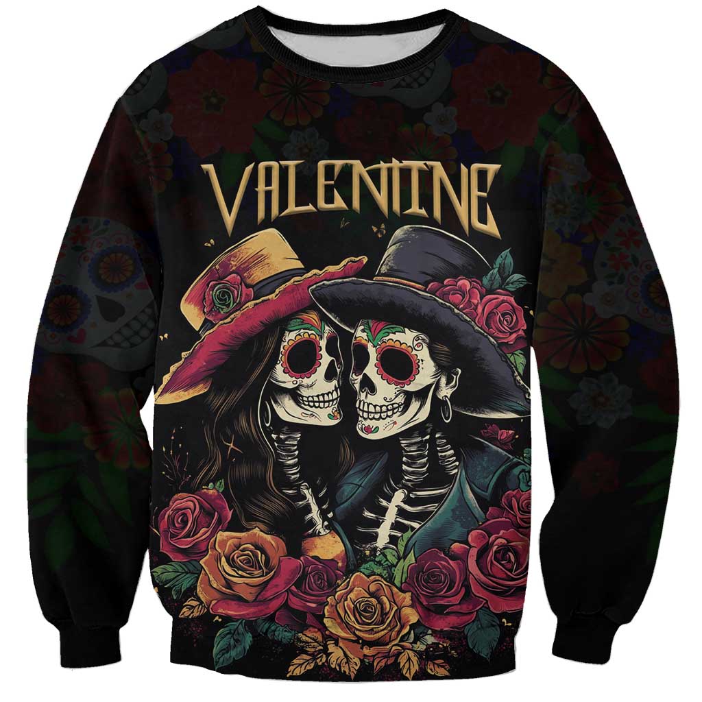 Personalised Sugar Skull Couple Valentine Sweatshirt Roses Romantic Love