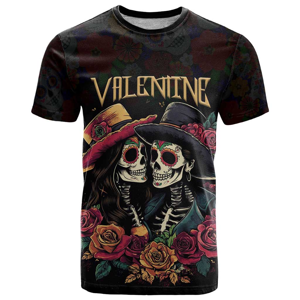 Personalised Sugar Skull Couple Valentine T Shirt Roses Romantic Love