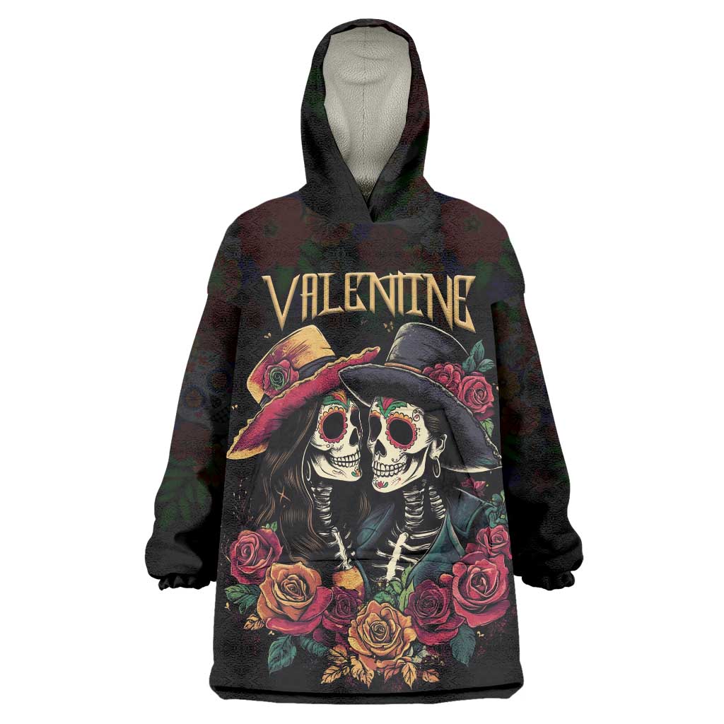 Personalised Sugar Skull Couple Valentine Wearable Blanket Hoodie Roses Romantic Love