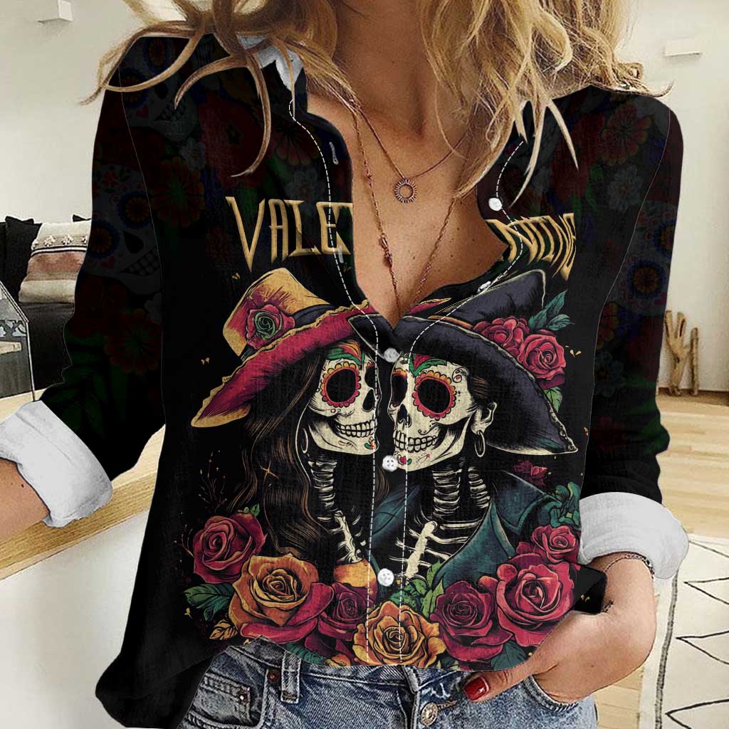 Personalised Sugar Skull Couple Valentine Women Casual Shirt Roses Romantic Love