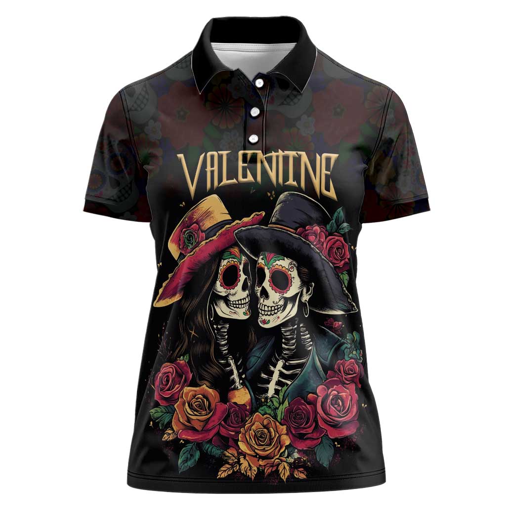 Personalised Sugar Skull Couple Valentine Women Polo Shirt Roses Romantic Love