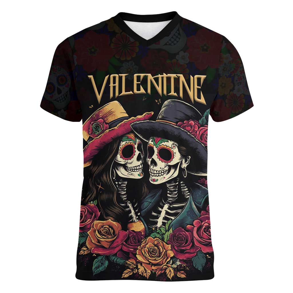 Personalised Sugar Skull Couple Valentine Women V-Neck T-Shirt Roses Romantic Love