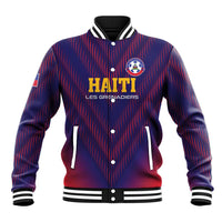 Blue varsity baseball jacket with red pinstripes, striped collar, front logo patch and text