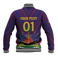 Back of blue baseball jacket with red pinstripes, striped ribbed hem, 'YOUR TEXT 01'