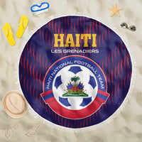 Round blue football beach blanket with red stripes, team crest, and 150cm white fringe.