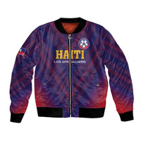 Blue bomber jacket with red striping, front zipper, crest patch, HAITI lettering