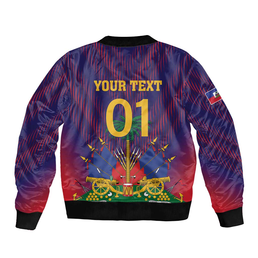 Blue bomber jacket with red striping, back graphic, 'YOUR TEXT 01' print