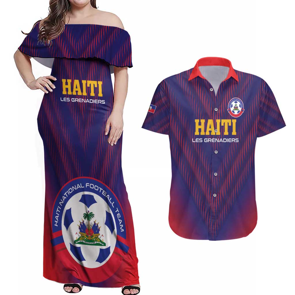 Custom Haiti Football Couples Matching Off Shoulder Maxi Dress and Hawaiian Shirt Come On Les Grenadiers