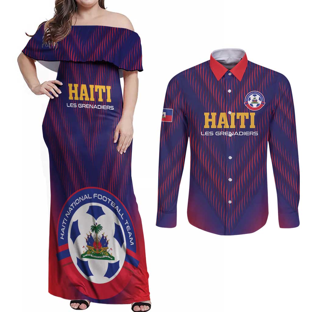 Custom Haiti Football Couples Matching Off Shoulder Maxi Dress and Long Sleeve Button Shirt Come On Les Grenadiers