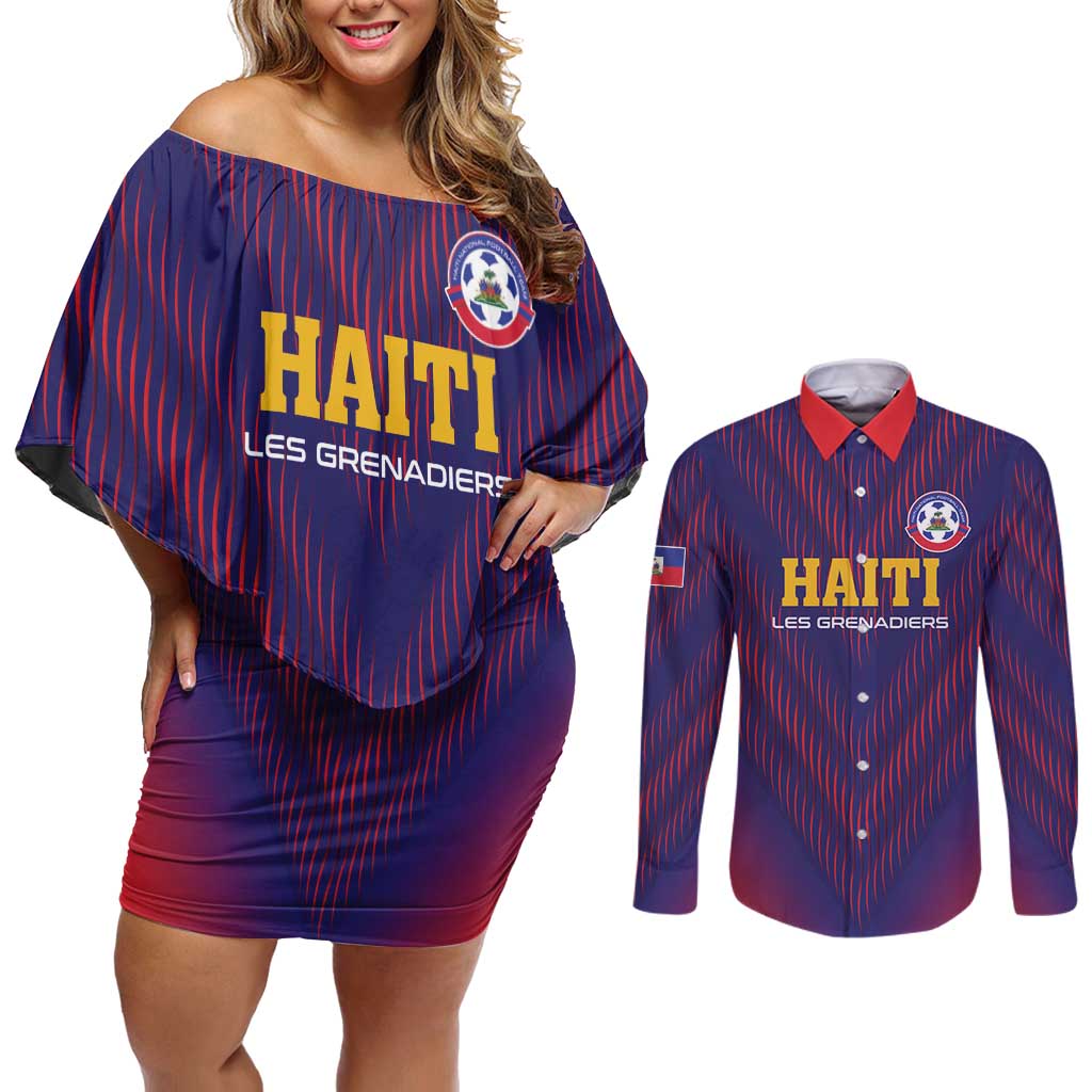 Custom Haiti Football Couples Matching Off Shoulder Short Dress and Long Sleeve Button Shirt Come On Les Grenadiers