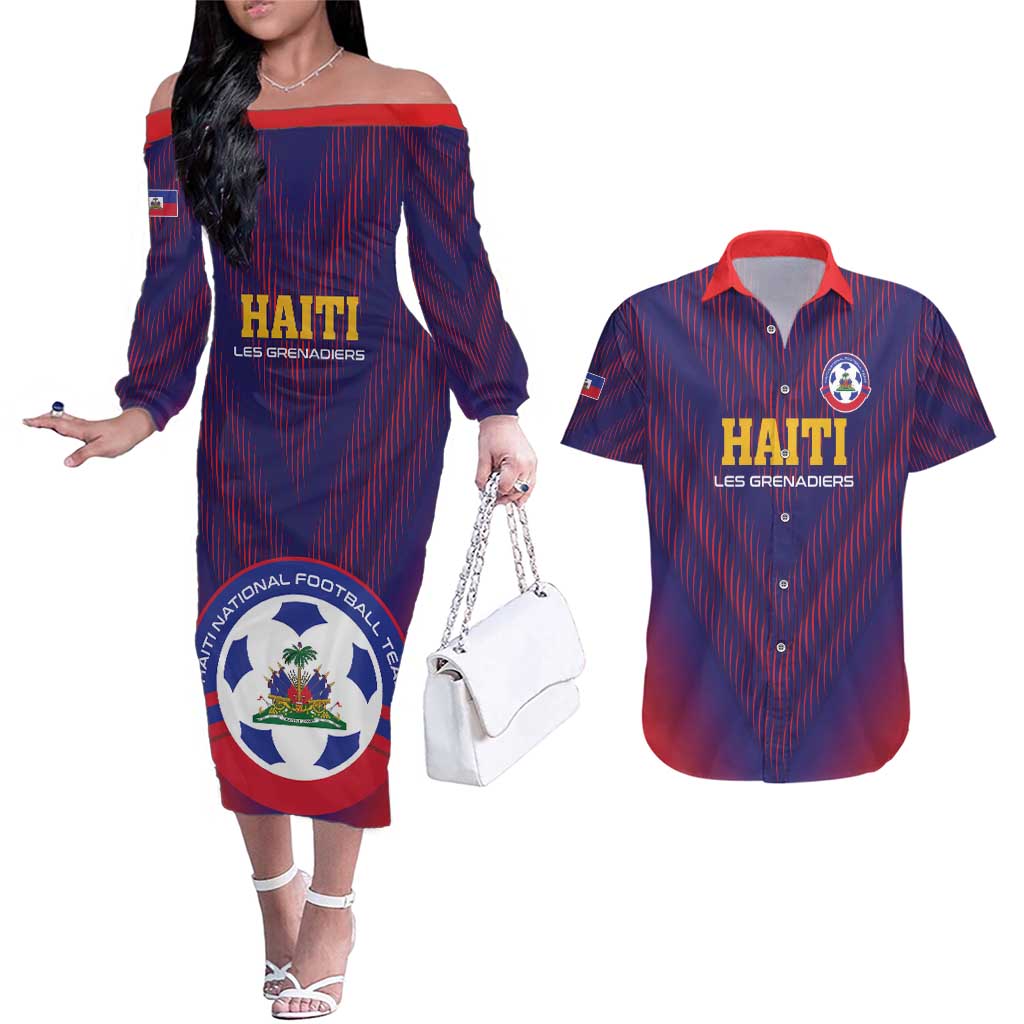 Custom Haiti Football Couples Matching Off The Shoulder Long Sleeve Dress and Hawaiian Shirt Come On Les Grenadiers