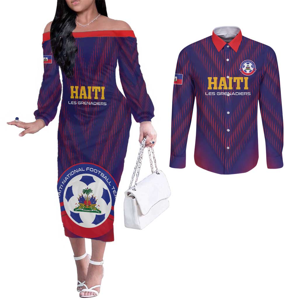 Custom Haiti Football Couples Matching Off The Shoulder Long Sleeve Dress and Long Sleeve Button Shirt Come On Les Grenadiers