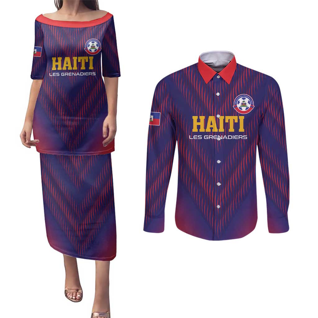 Custom Haiti Football Couples Matching Puletasi and Long Sleeve Button Shirt Come On Les Grenadiers