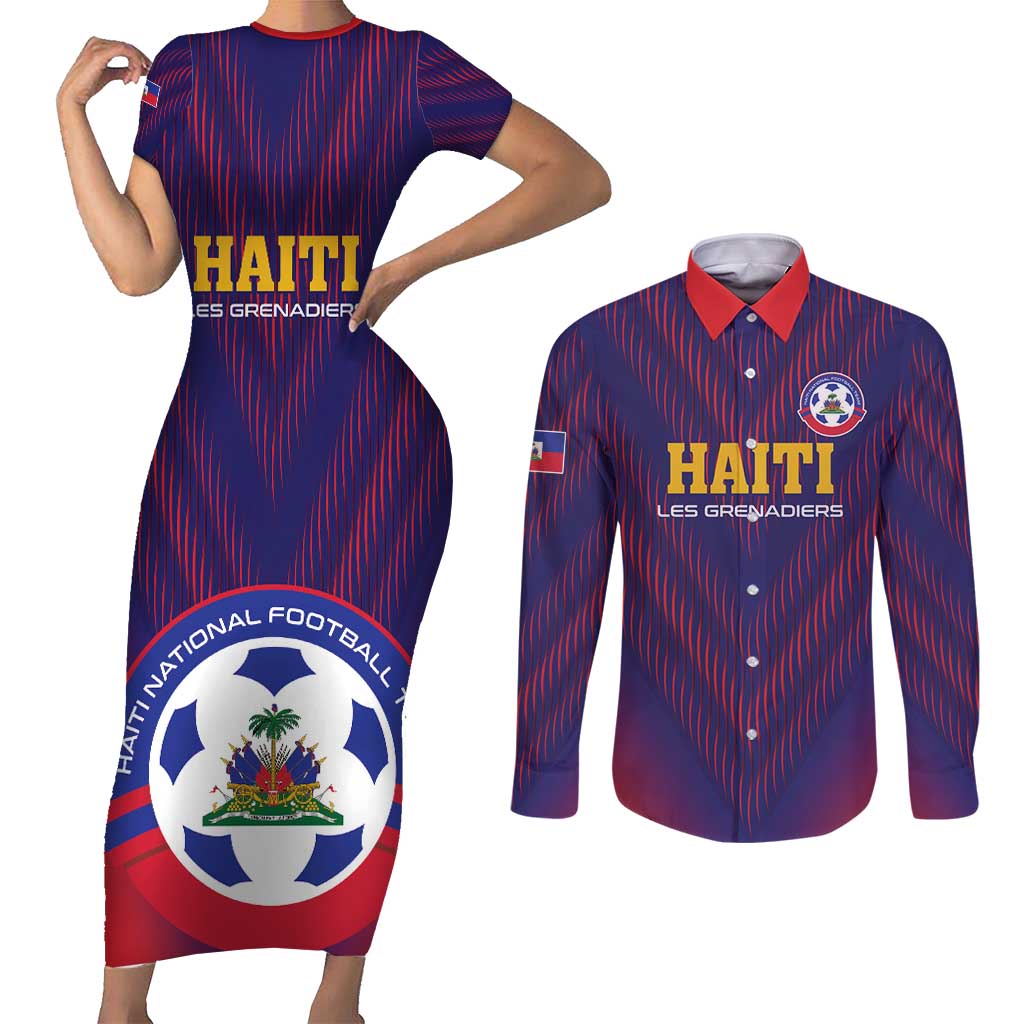 Custom Haiti Football Couples Matching Short Sleeve Bodycon Dress and Long Sleeve Button Shirt Come On Les Grenadiers