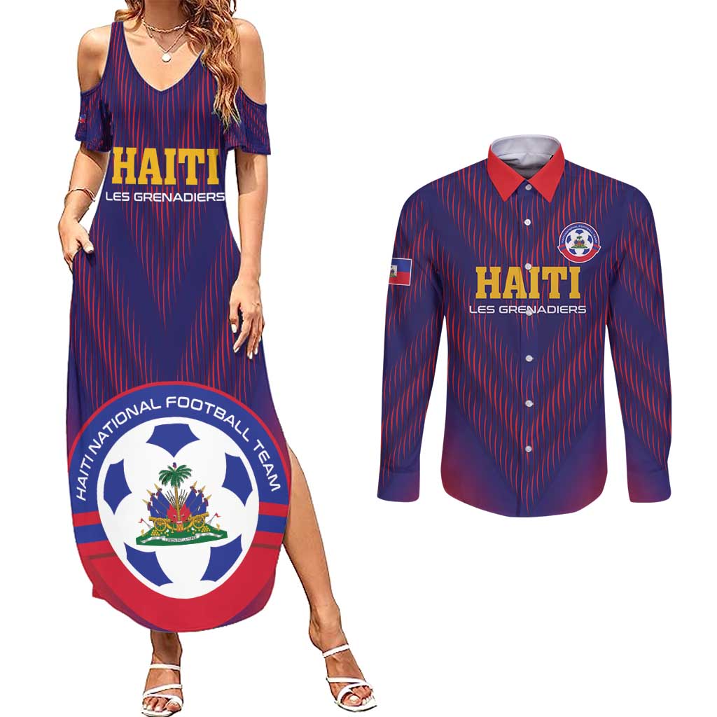 Custom Haiti Football Couples Matching Summer Maxi Dress and Long Sleeve Button Shirt Come On Les Grenadiers