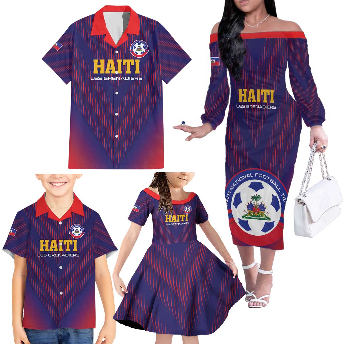 Custom Haiti Football Family Matching Off The Shoulder Long Sleeve Dress and Hawaiian Shirt Come On Les Grenadiers