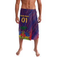 Dark blue lavalava-style football shorts with red pattern, palm art, and '01' text