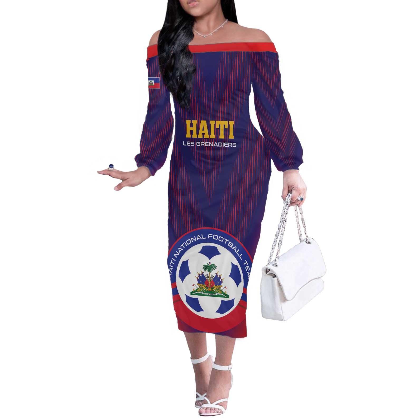 Custom Haiti Football Off The Shoulder Long Sleeve Dress Come On Les Grenadiers