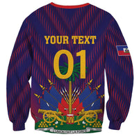 Unisex football sweatshirt back in dark blue with red pinstripes, Your Text and 01 graphic