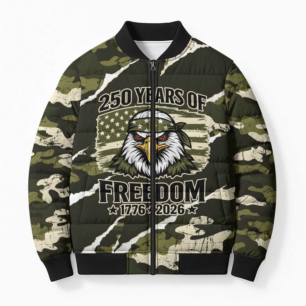 Personalized USA 250th Anniversary Bomber Puffer Jacket Eagle Camouflage Zipper Stylized