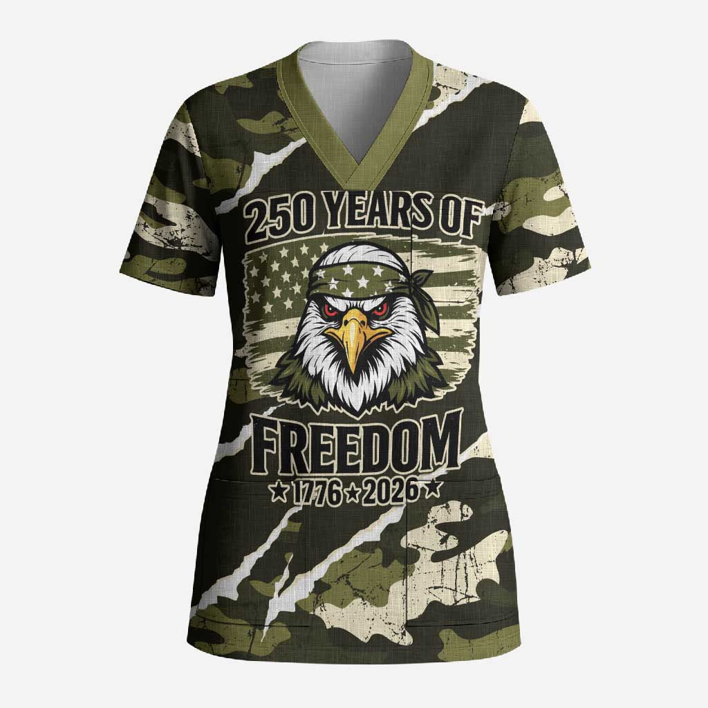Personalized USA 250th Anniversary Scrub Top Eagle Camouflage Zipper Stylized