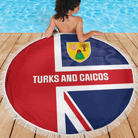 Round beach blanket with Turks and Caicos design, red white and blue, tassel fringe