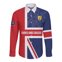 Long sleeve button shirt with Turks and Caicos flag graphic and crest, front view
