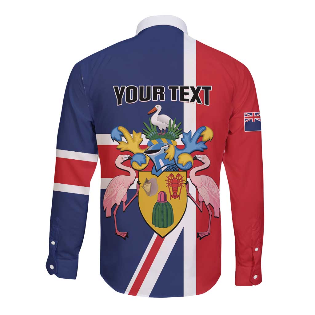 Long sleeve button shirt with 'YOUR TEXT' on back, colorful crest and flag stripes