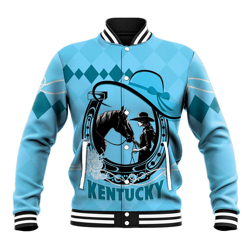 Blue varsity baseball jacket with horse and rider front graphic, striped rib trim