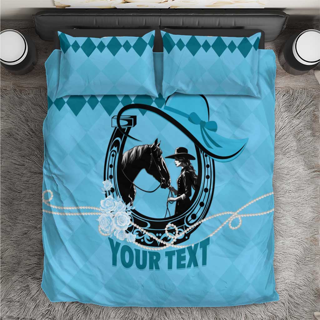 Blue horse-themed bedding set with circular rider graphic and two matching pillowcases