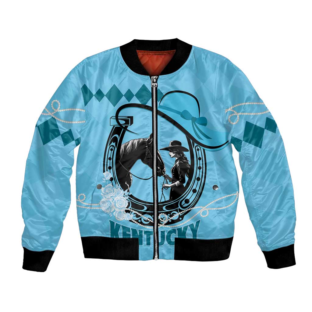 Blue unisex bomber jacket with full-zip, black ribbed cuffs, horse-and-rider graphic