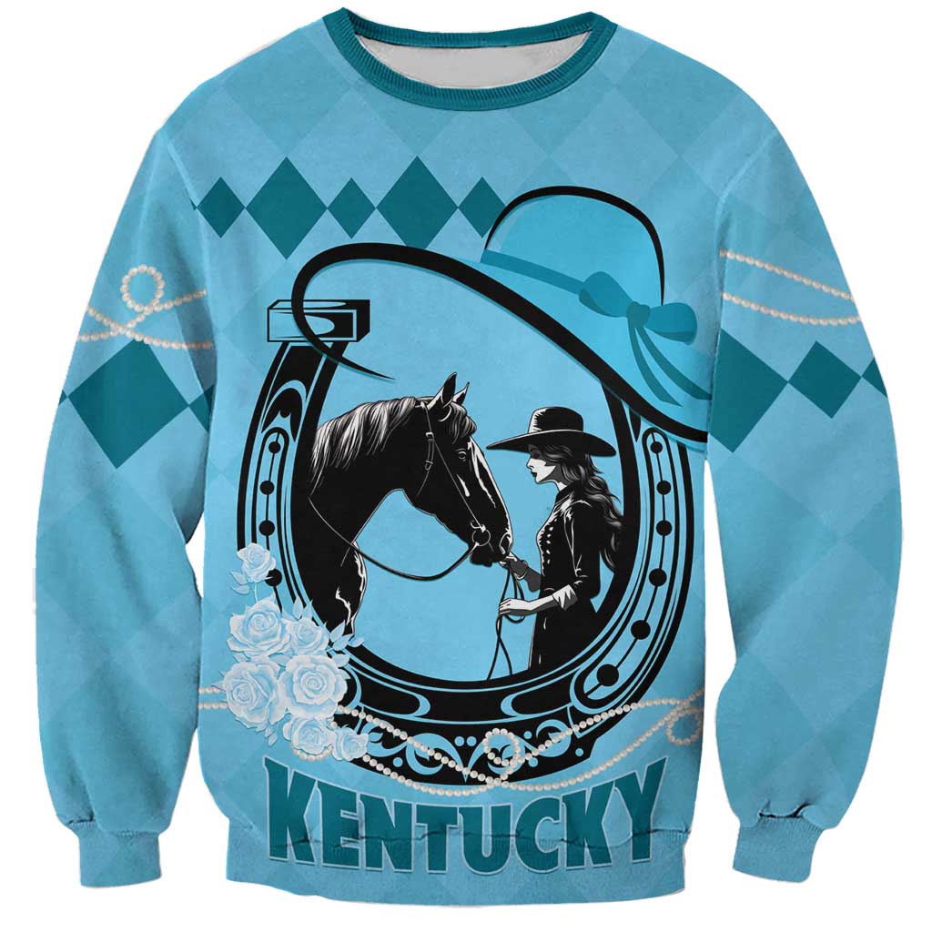 Unisex blue sweatshirt with horse and jockey graphic, 'KENTUCKY' front print