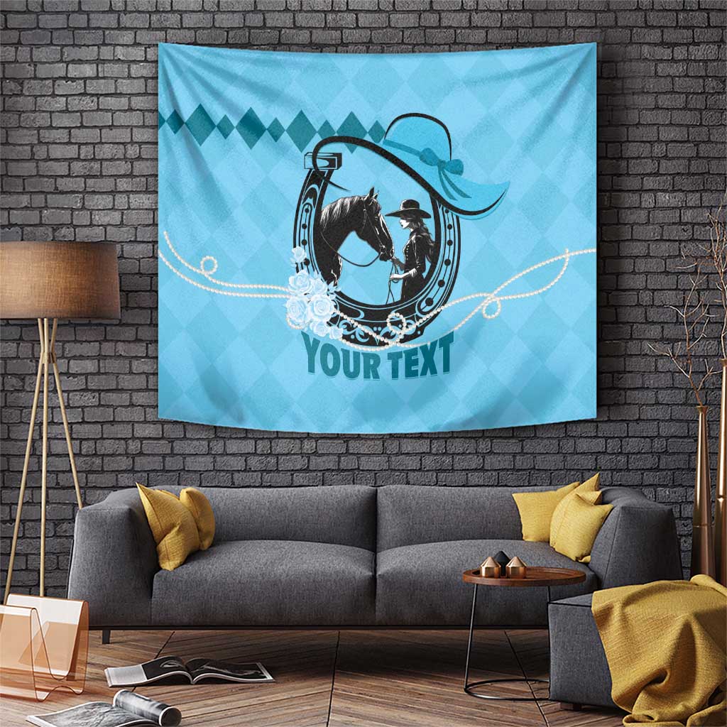 Blue personalized horse racing tapestry featuring horse and rider artwork with Your text.