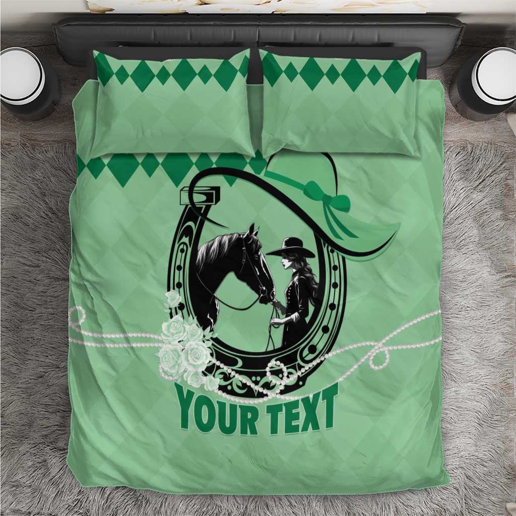 Green duvet bedding set with two pillowcases, horse emblem and 'YOUR TEXT'