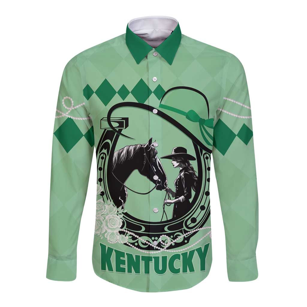 Green long-sleeve button shirt with horse and rider graphic, KENTUCKY text on chest