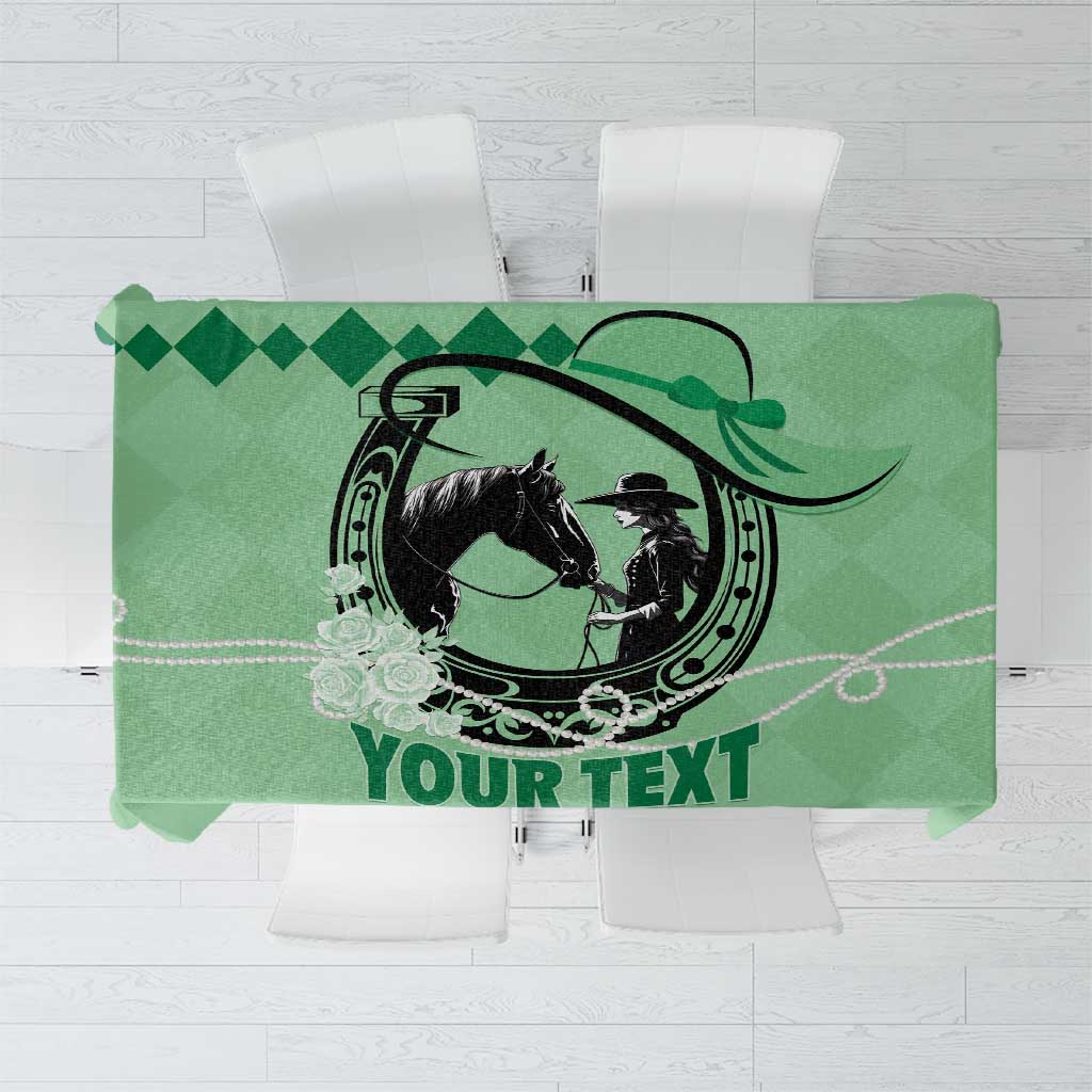 Green tablecloth with black horse medallion graphic and 'YOUR TEXT' lettering