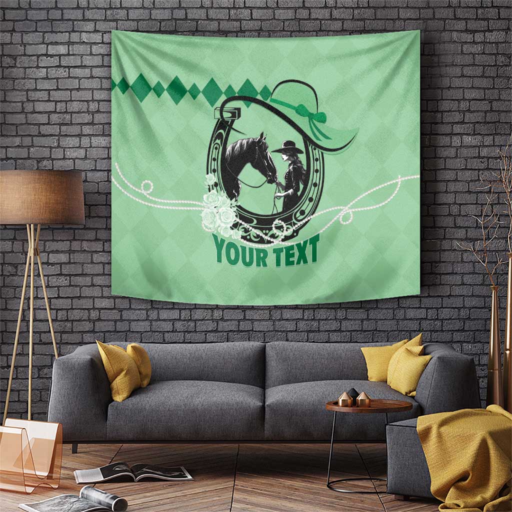Green wall tapestry with horse racing silhouette, floral accents, and “YOUR TEXT”