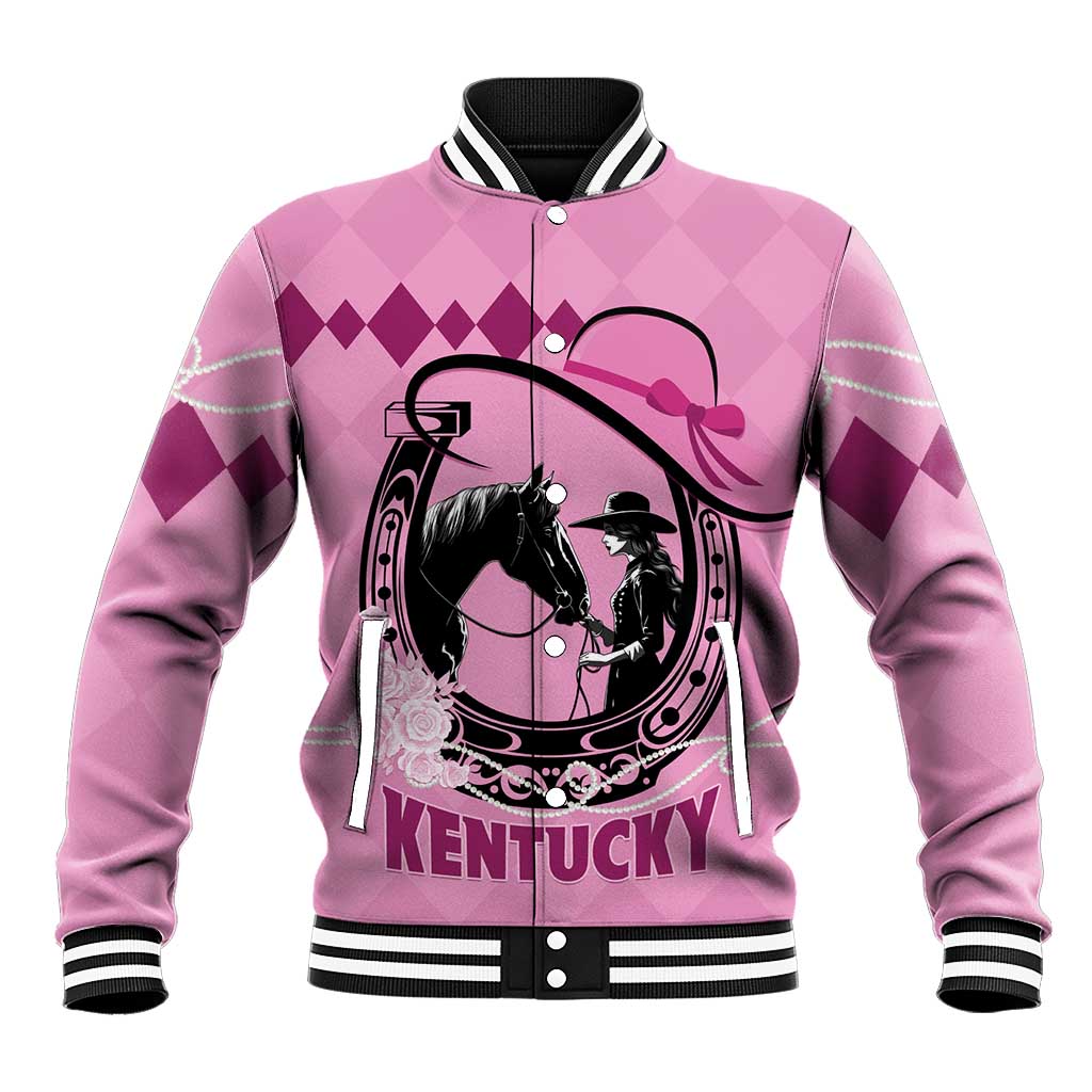Pink baseball jacket with ribbed collar, snap buttons, horse graphic and KENTUCKY text